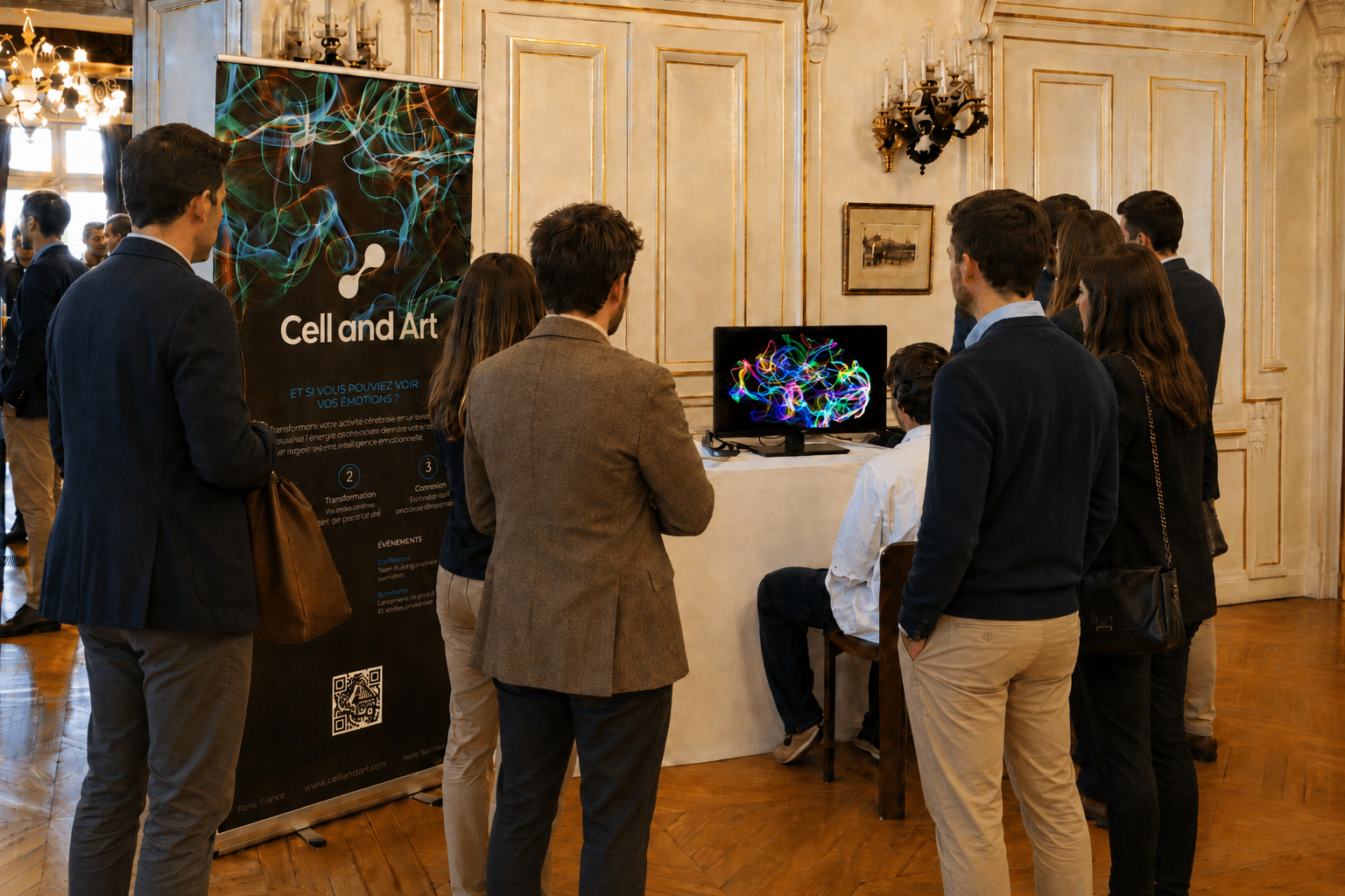 Stand NeuroAura lors d’un événement corporate à Paris, invités découvrant leur activité cérébrale en direct